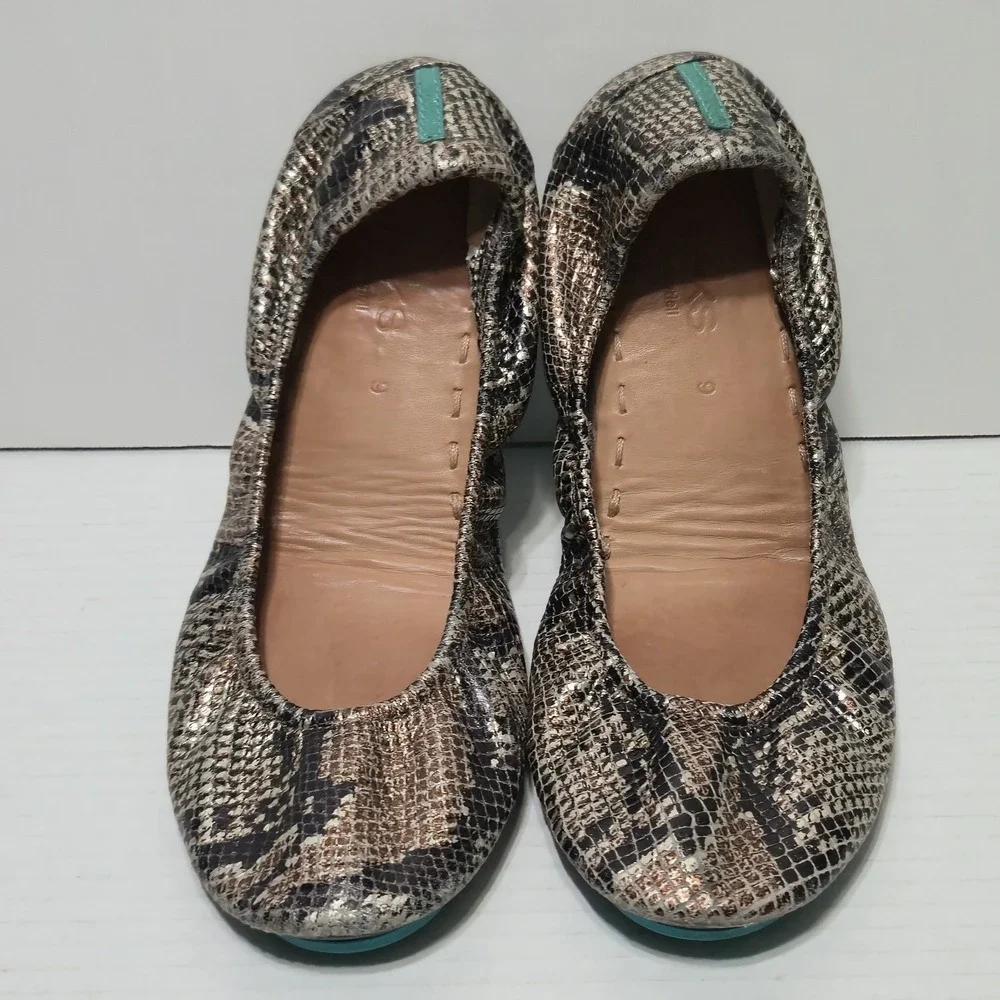 TIEKS Ballet Flats Womens 9 Brown Snakeskin Embossed Leather Metallic Travel